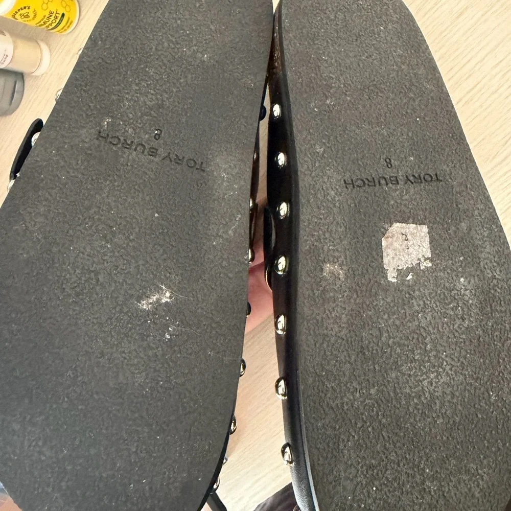 Tory Burch Black Leather Studded Mule Clogs with Silver Logo Accent - Picture 9 of 9